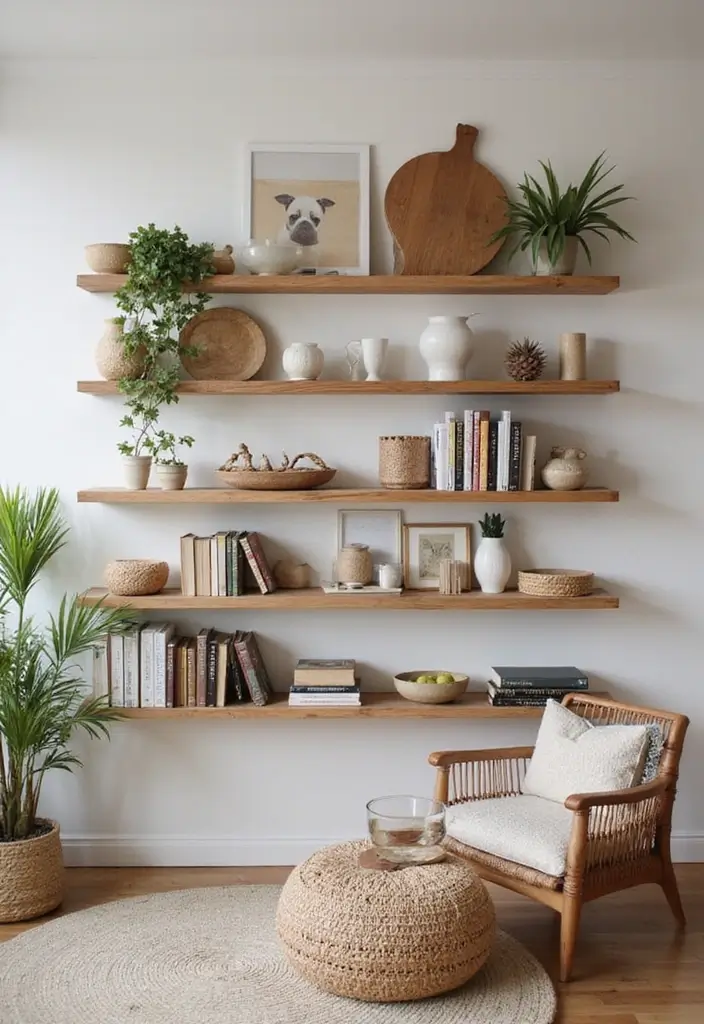 28 Earthy Living Room Ideas That Feel Grounded and Relaxed - 18. Open Shelf Displays with Natural Items