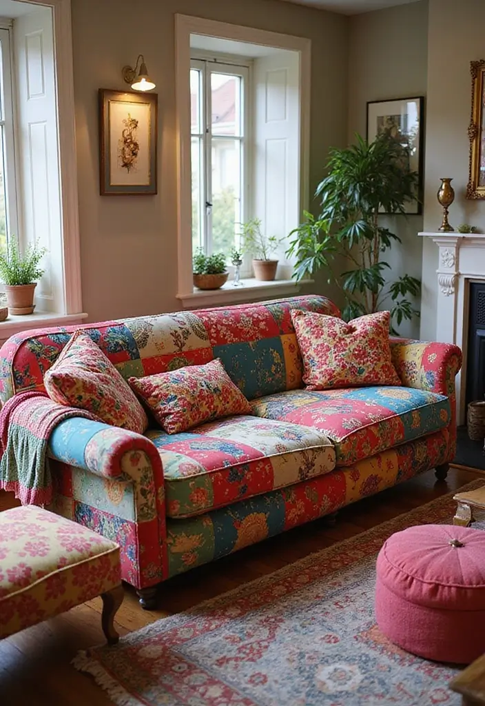 28 Earthy Living Room Ideas That Feel Grounded and Relaxed - 2. Upcycled Fabric Sofa