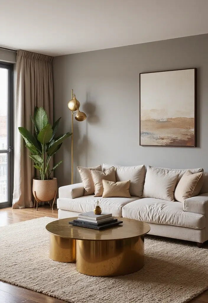 28 Earthy Living Room Ideas That Feel Grounded and Relaxed - 25. Warm Metallic Accents