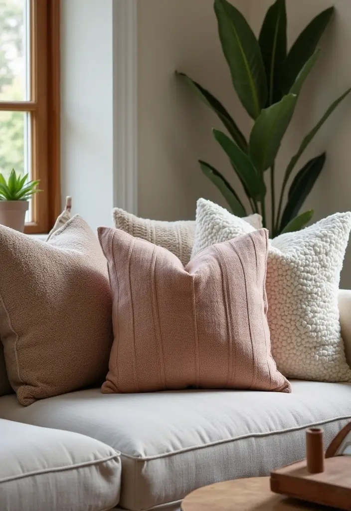 28 Earthy Living Room Ideas That Feel Grounded and Relaxed - 26. Textured Pillows for Layering