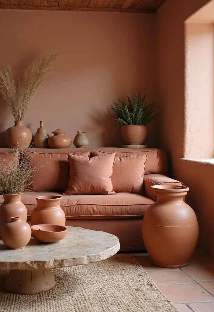 28 Earthy Living Room Ideas That Feel Grounded and Relaxed - 7. Clay and Terracotta Accents