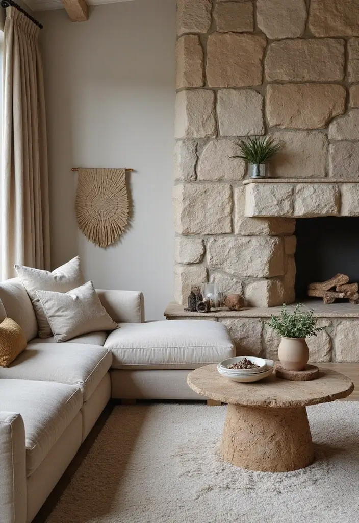 28 Earthy Living Room Ideas That Feel Grounded and Relaxed - 9. Stone Accents in Decor