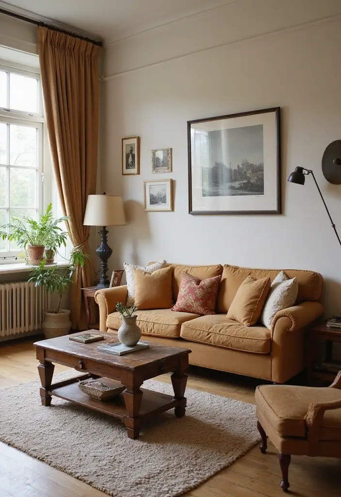 28 Light Brown Living Room Ideas That Feel Neutral and Inviting - 11. Vintage Finds for Unique Charm