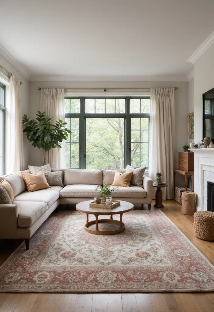 28 Light Brown Living Room Ideas That Feel Neutral and Inviting - 14. Statement Rugs to Define Spaces