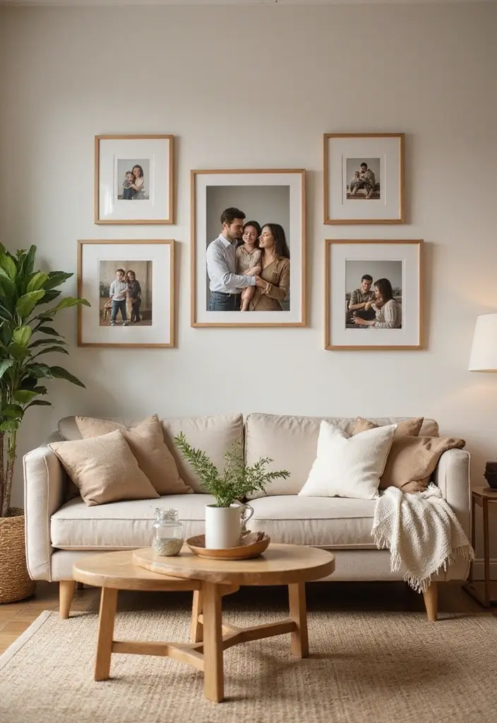 28 Light Brown Living Room Ideas That Feel Neutral and Inviting - 15. Personal Touches with Family Photos