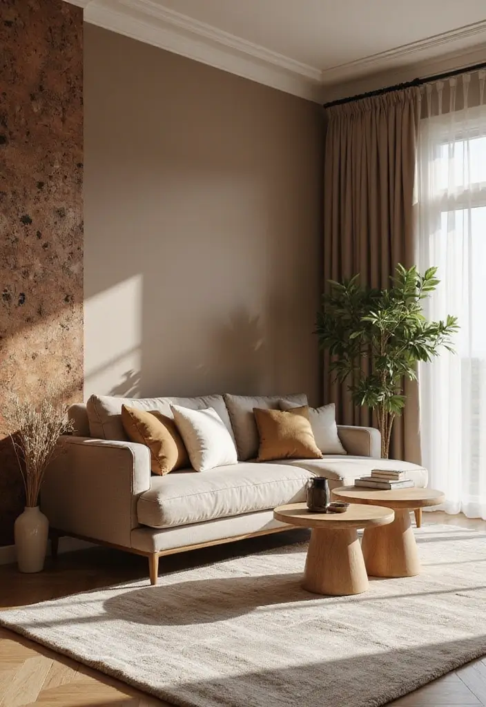 28 Light Brown Living Room Ideas That Feel Neutral and Inviting - 18. Accent Walls for Dramatic Effect