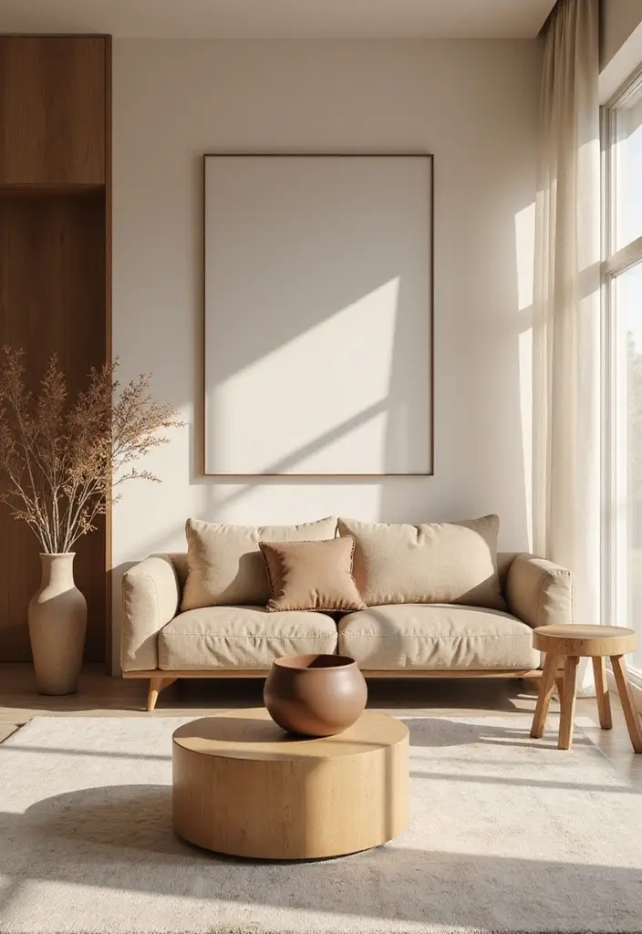 28 Light Brown Living Room Ideas That Feel Neutral and Inviting - 2. Minimalist Approach with a Warm Palette