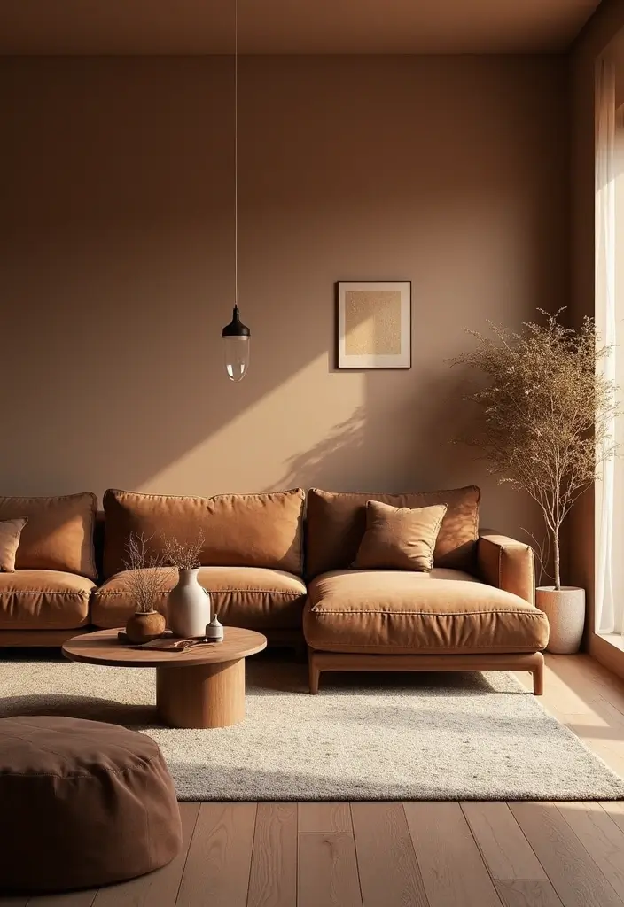 28 Light Brown Living Room Ideas That Feel Neutral and Inviting - 20. Using Dark Brown Accents