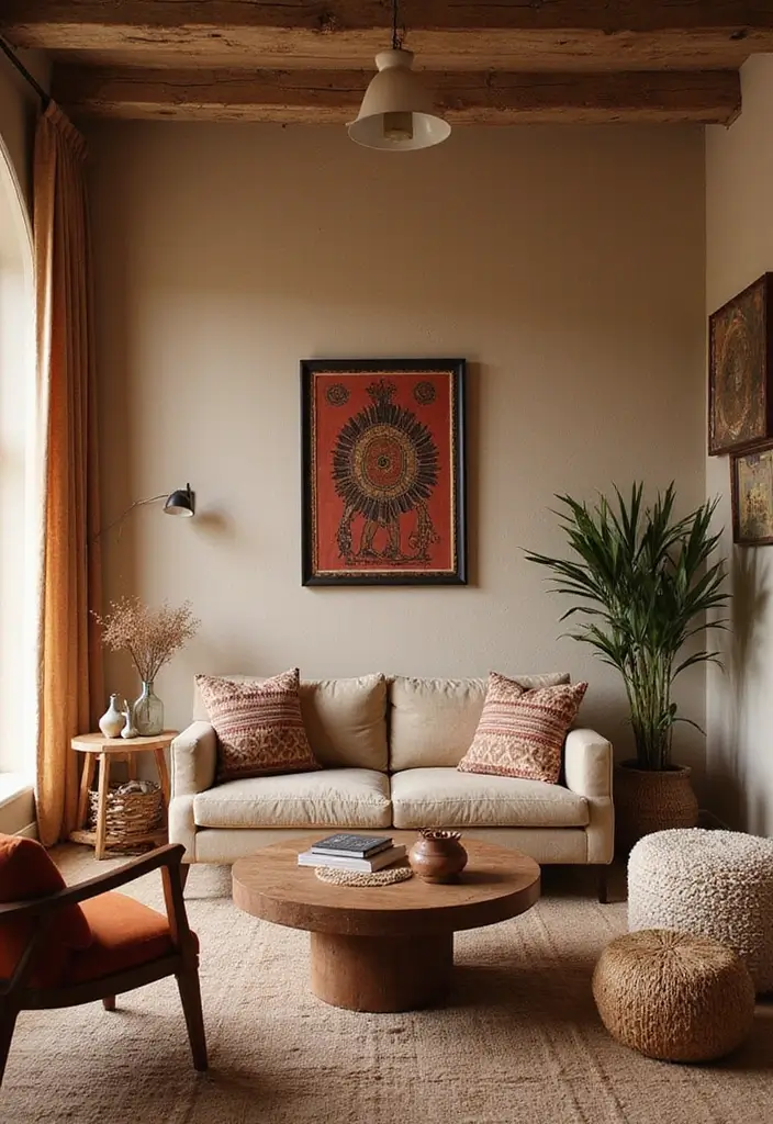 28 Light Brown Living Room Ideas That Feel Neutral and Inviting - 22. Integrating Cultural Elements