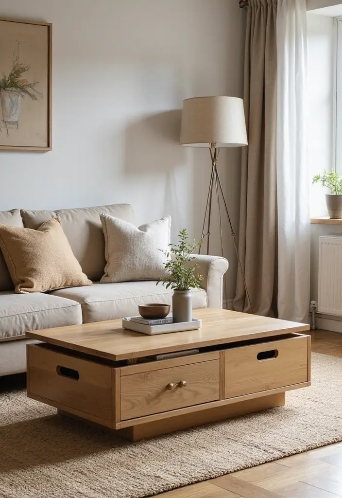 28 Light Brown Living Room Ideas That Feel Neutral and Inviting - 23. Functional Coffee Tables