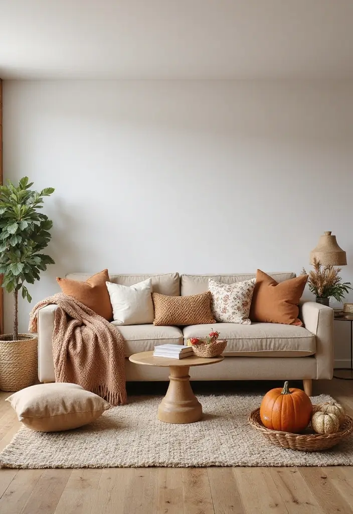28 Light Brown Living Room Ideas That Feel Neutral and Inviting - 26. Seasonal Decor Changes