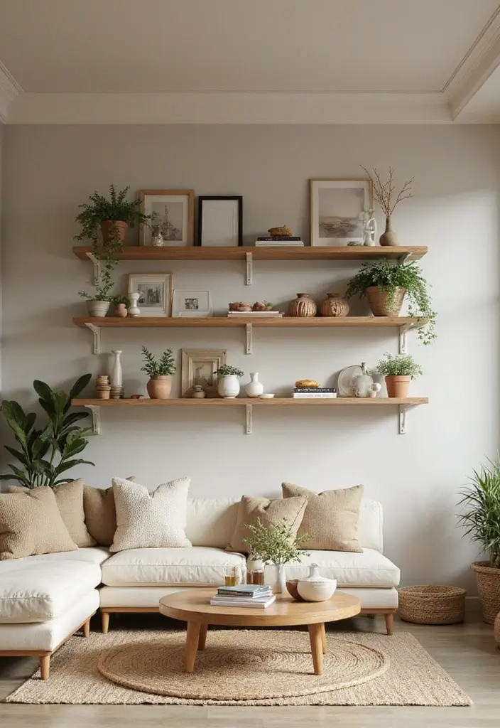 28 Light Brown Living Room Ideas That Feel Neutral and Inviting - 27. Embrace Open Shelving