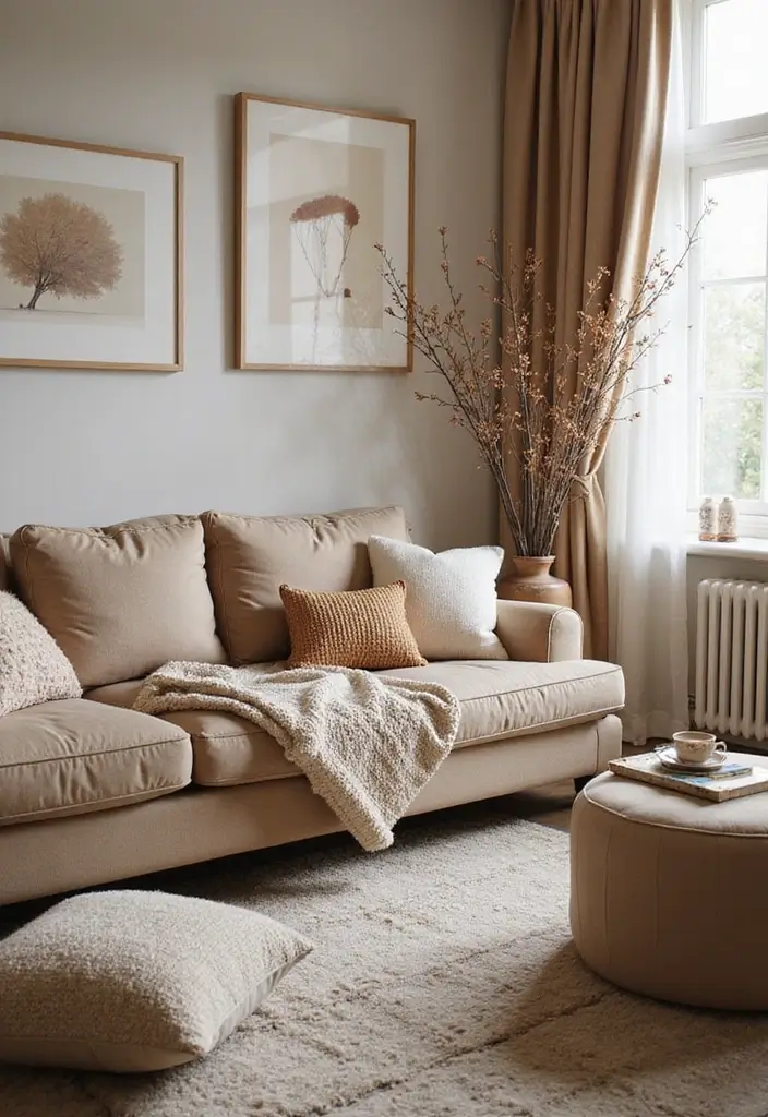 28 Light Brown Living Room Ideas That Feel Neutral and Inviting - 3. Cozy Textiles for a Soft Touch