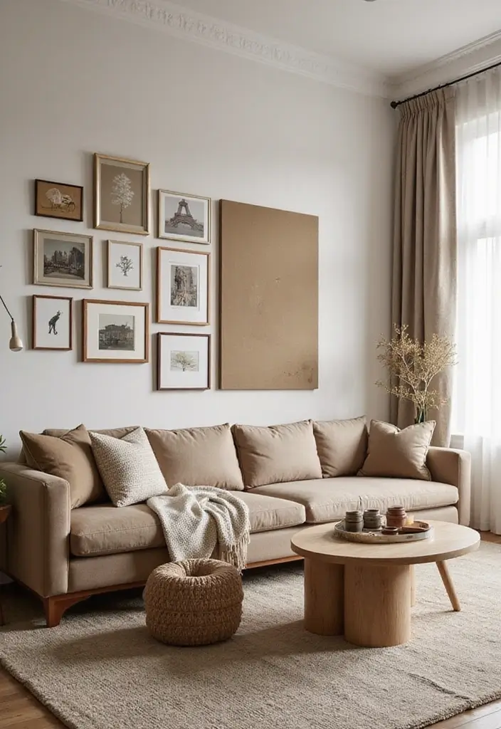 28 Light Brown Living Room Ideas That Feel Neutral and Inviting - 5. Artwork that Adds Character