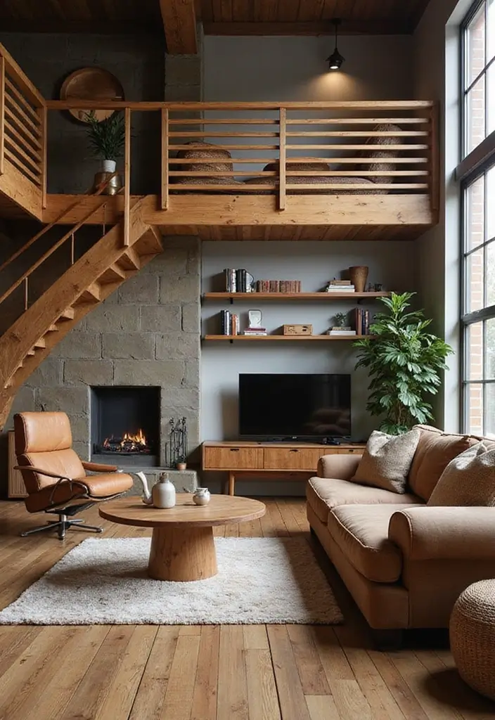 28 Living Room Loft Ideas That Feel Open and Urban - 14. Warm Woods