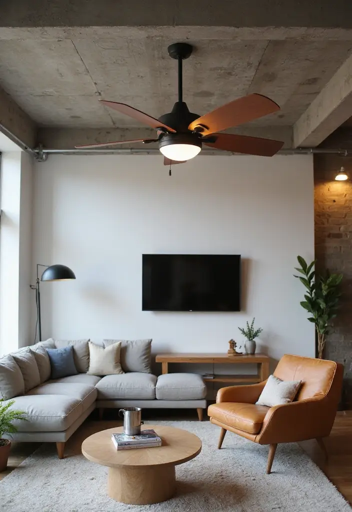 28 Living Room Loft Ideas That Feel Open and Urban - 16. Ceiling Fans with Style
