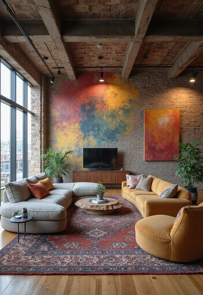 28 Living Room Loft Ideas That Feel Open and Urban - 26. Artistic Wall Treatments