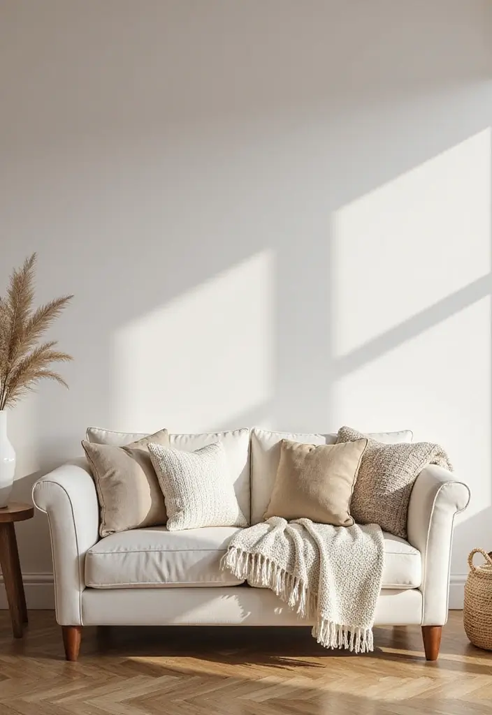 28 Living Room With White Couch Ideas That Feel Clean and Modern - 10. Warm Minimalism