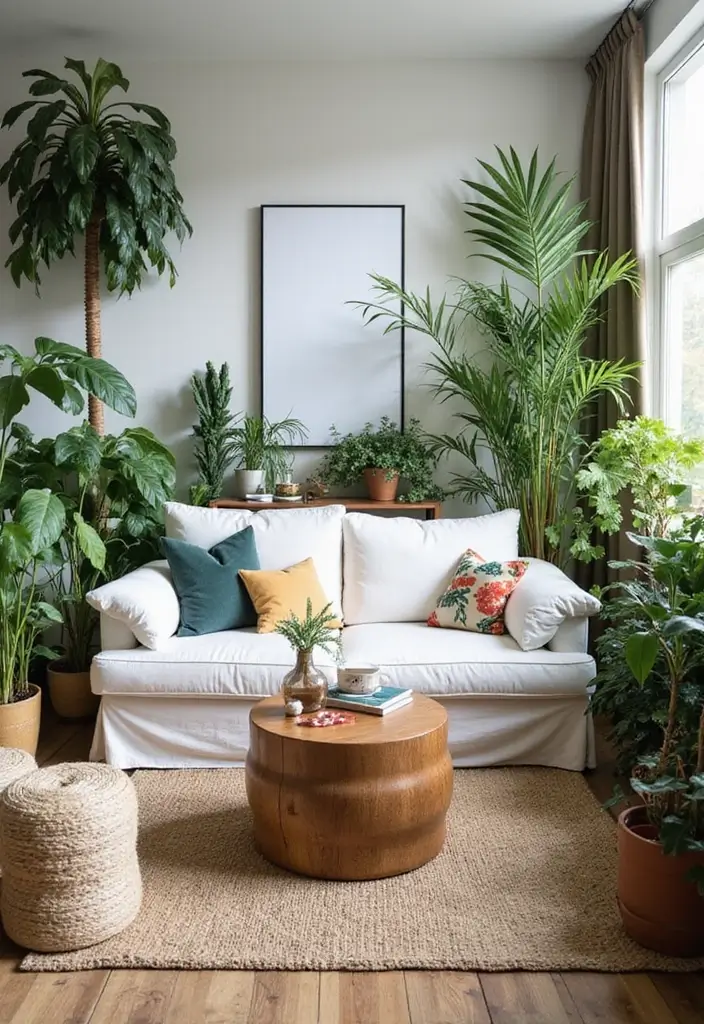 28 Living Room With White Couch Ideas That Feel Clean and Modern - 12. Urban Jungle