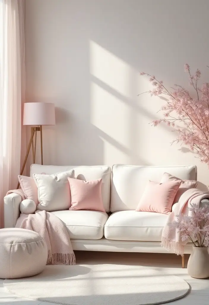 28 Living Room With White Couch Ideas That Feel Clean and Modern - 13. Soft Pastel Dreams