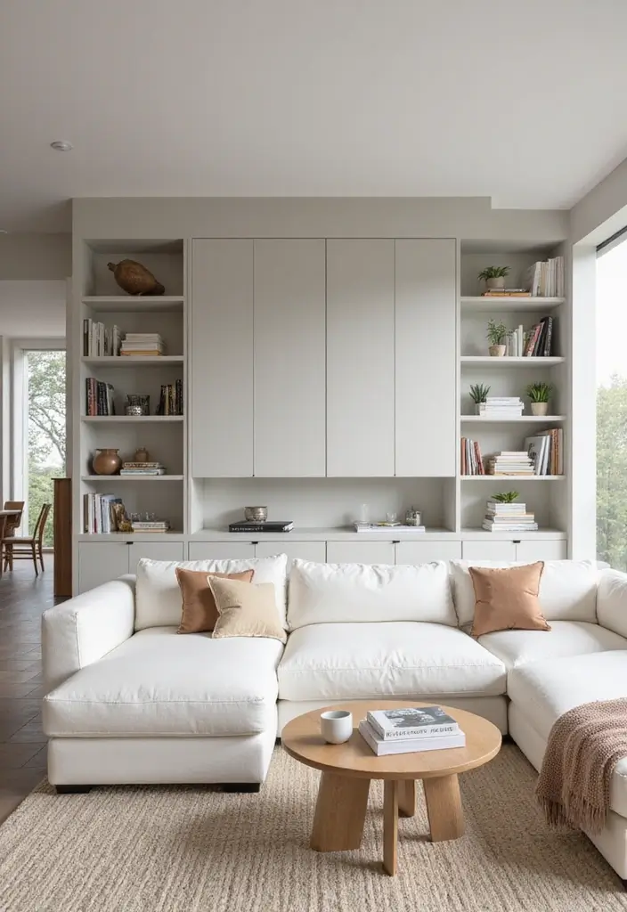 28 Living Room With White Couch Ideas That Feel Clean and Modern - 15. Smart Storage Solutions