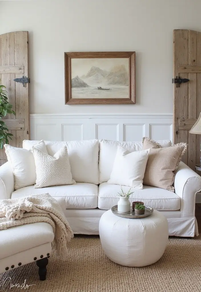 28 Living Room With White Couch Ideas That Feel Clean and Modern - 16. Farmhouse Charm