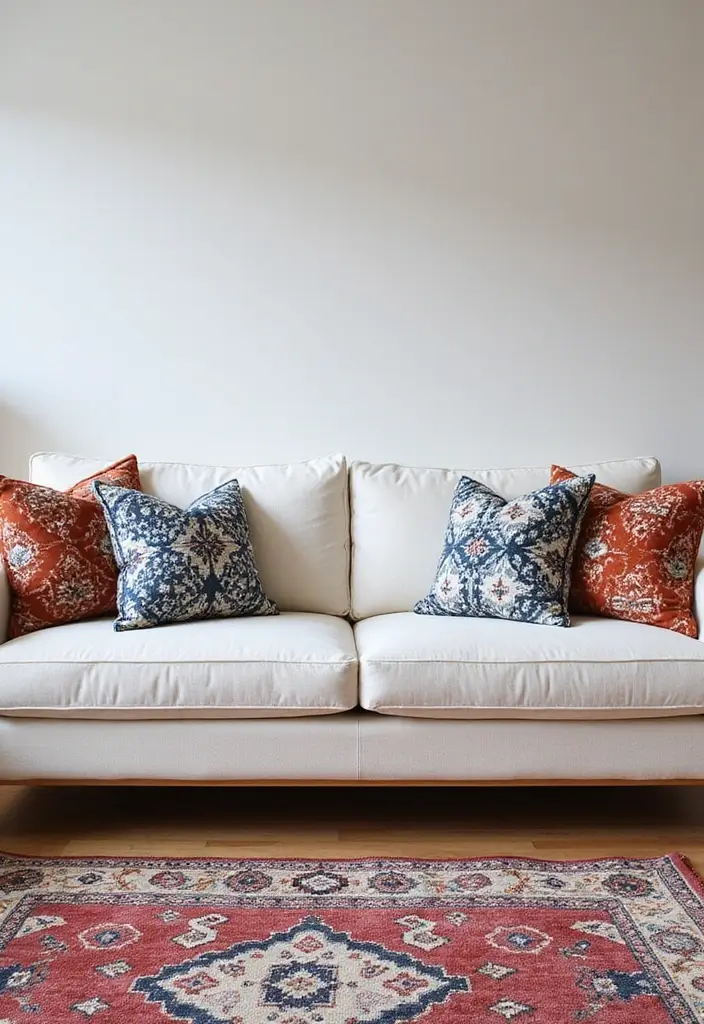 28 Living Room With White Couch Ideas That Feel Clean and Modern - 18. Geometric Patterns