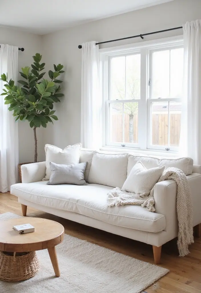 28 Living Room With White Couch Ideas That Feel Clean and Modern - 19. Farmhouse Minimalism