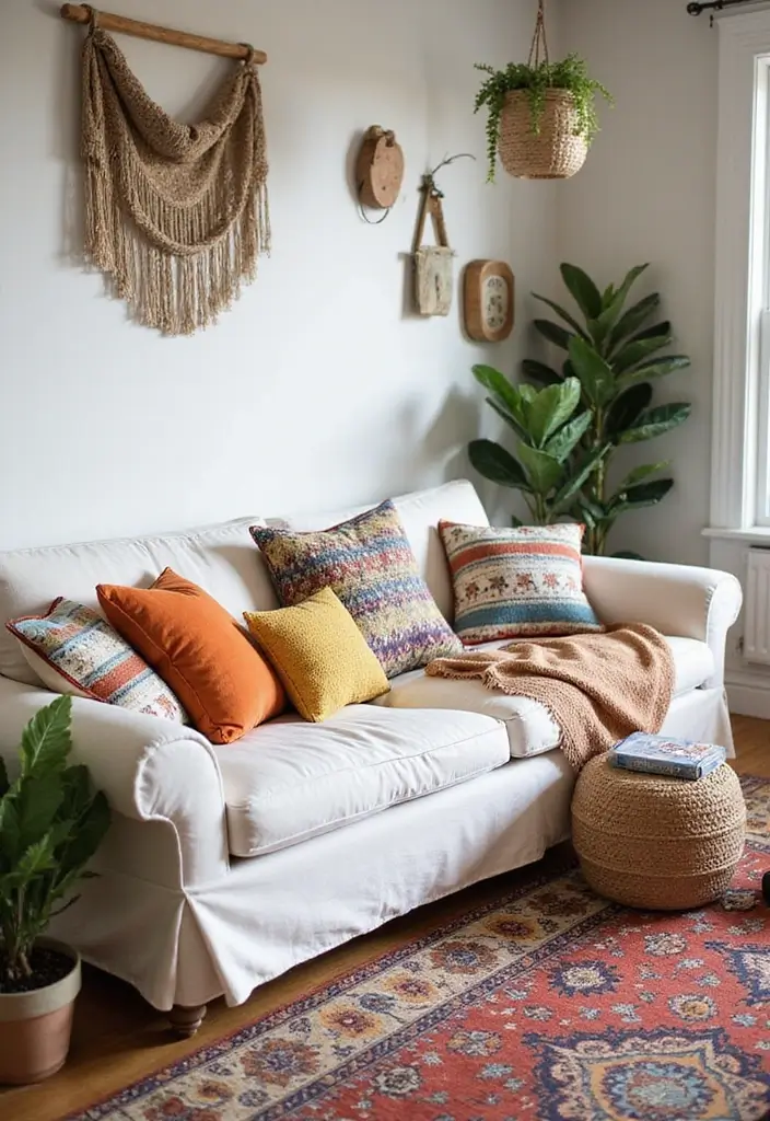 28 Living Room With White Couch Ideas That Feel Clean and Modern - 2. Cozy Bohemian Vibes