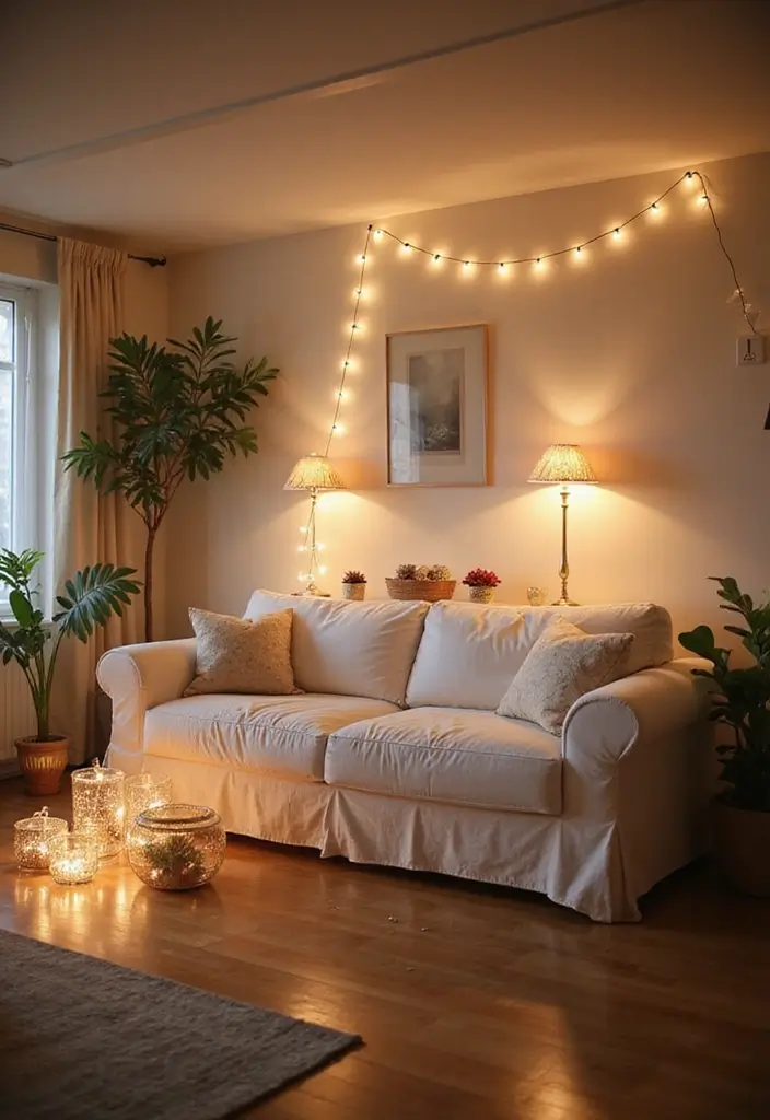 28 Living Room With White Couch Ideas That Feel Clean and Modern - 27. Soft Lighting