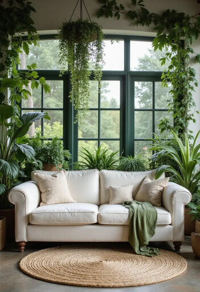 28 Living Room With White Couch Ideas That Feel Clean and Modern - 7. Green Oasis