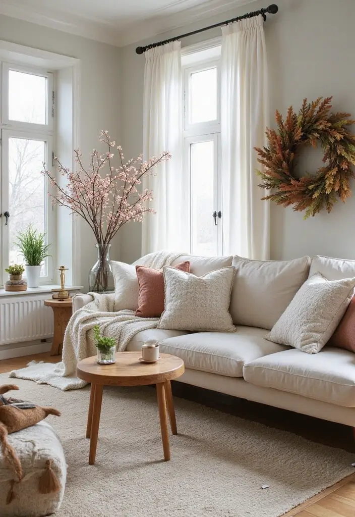 28 Modern Natural Living Room Ideas That Feel Minimal and Fresh - 25. Seasonal Decor Swaps