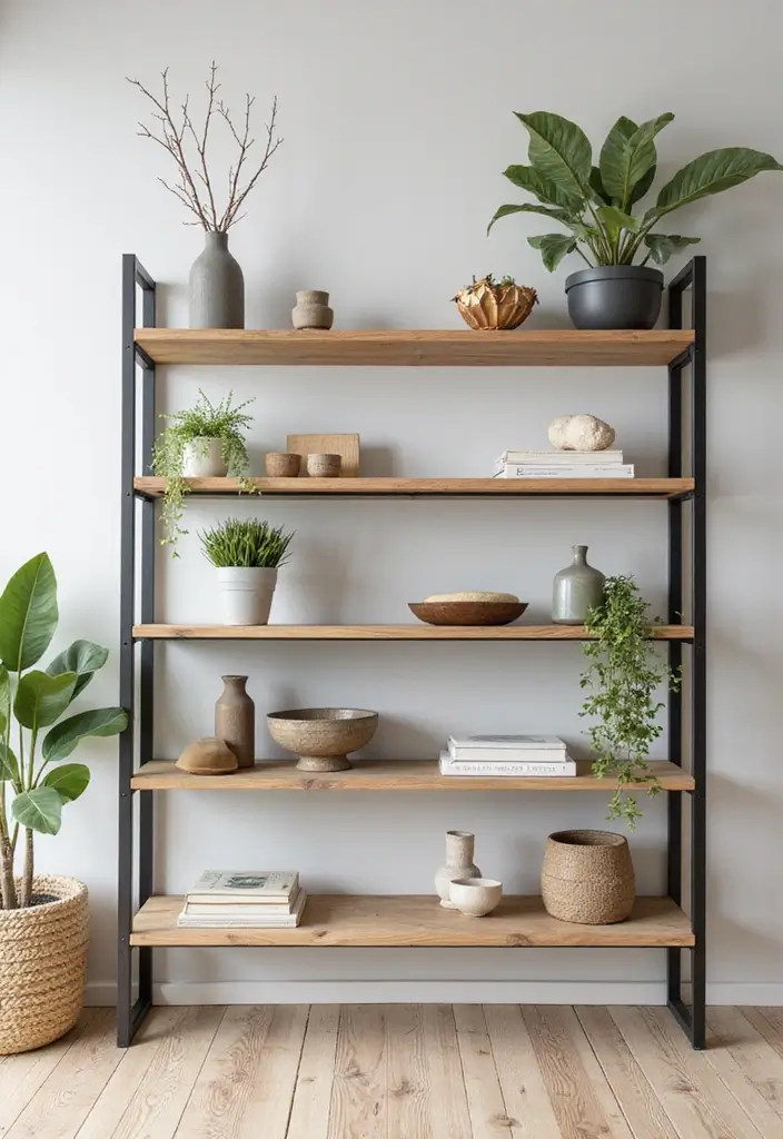 28 Modern Natural Living Room Ideas That Feel Minimal and Fresh - 9. Open Shelving with Natural Accents