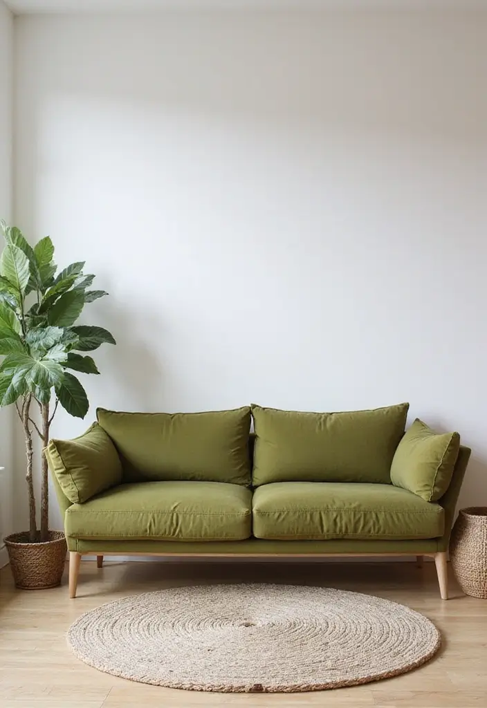 28 Olive Green Couch Living Room Ideas That Feel Natural and Modern - 10. Minimalist Approach