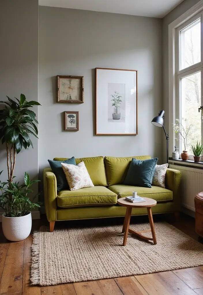 28 Olive Green Couch Living Room Ideas That Feel Natural and Modern - 11. Eclectic Mix of Styles