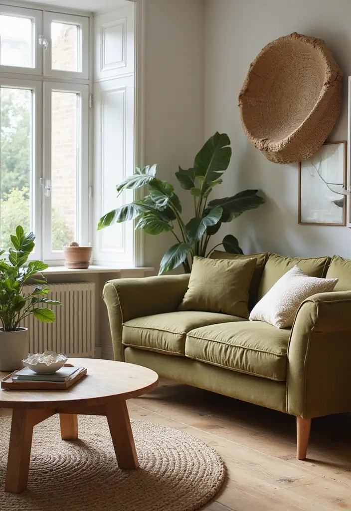 28 Olive Green Couch Living Room Ideas That Feel Natural and Modern - 13. Use of Sustainable Materials