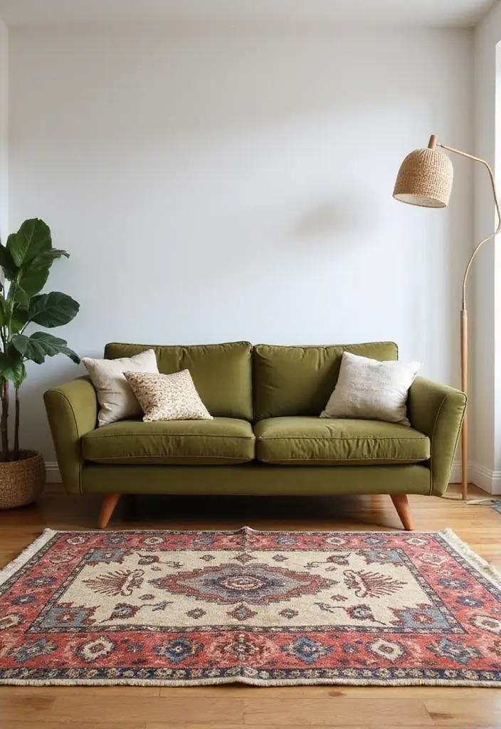 28 Olive Green Couch Living Room Ideas That Feel Natural and Modern - 14. Create Zones with Rugs