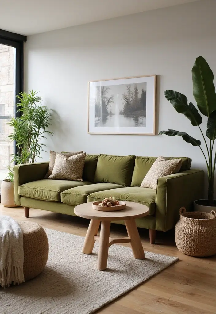 28 Olive Green Couch Living Room Ideas That Feel Natural and Modern - 15. Play with Scale