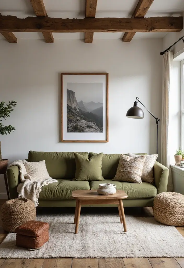 28 Olive Green Couch Living Room Ideas That Feel Natural and Modern - 16. Create a Modern Farmhouse Look
