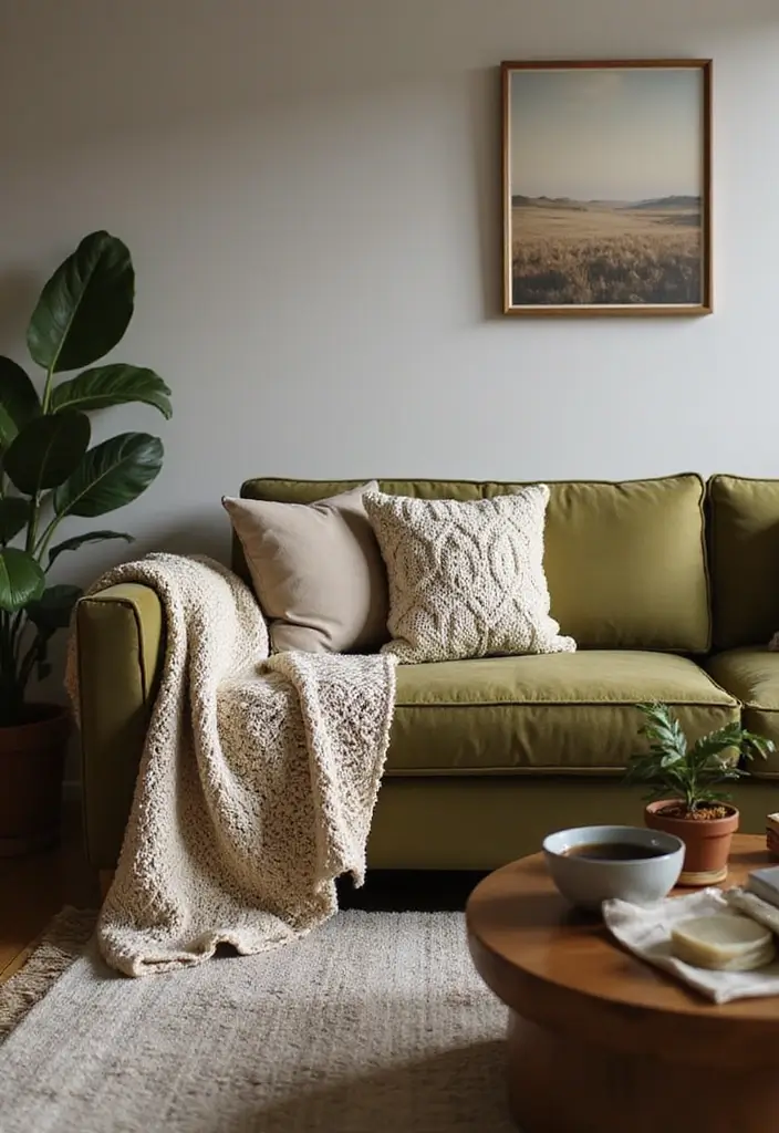 28 Olive Green Couch Living Room Ideas That Feel Natural and Modern - 17. Cozy Up with Throws