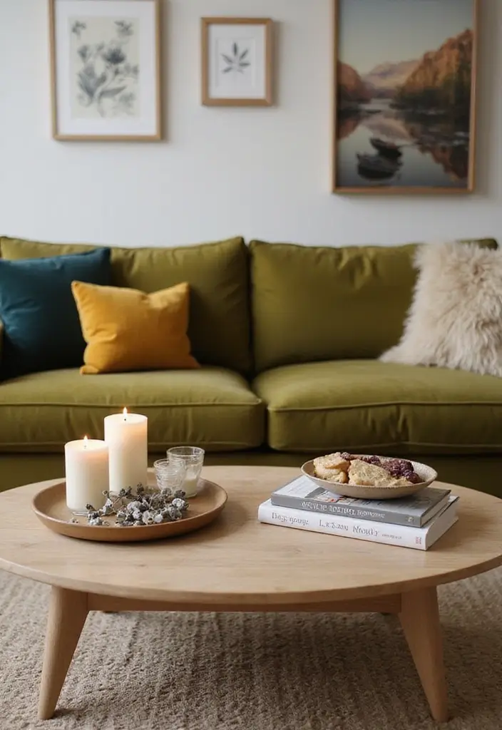 28 Olive Green Couch Living Room Ideas That Feel Natural and Modern - 18. Stylish Coffee Tables