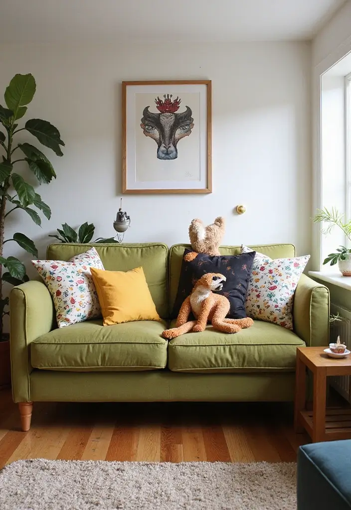 28 Olive Green Couch Living Room Ideas That Feel Natural and Modern - 19. Whimsical Touches