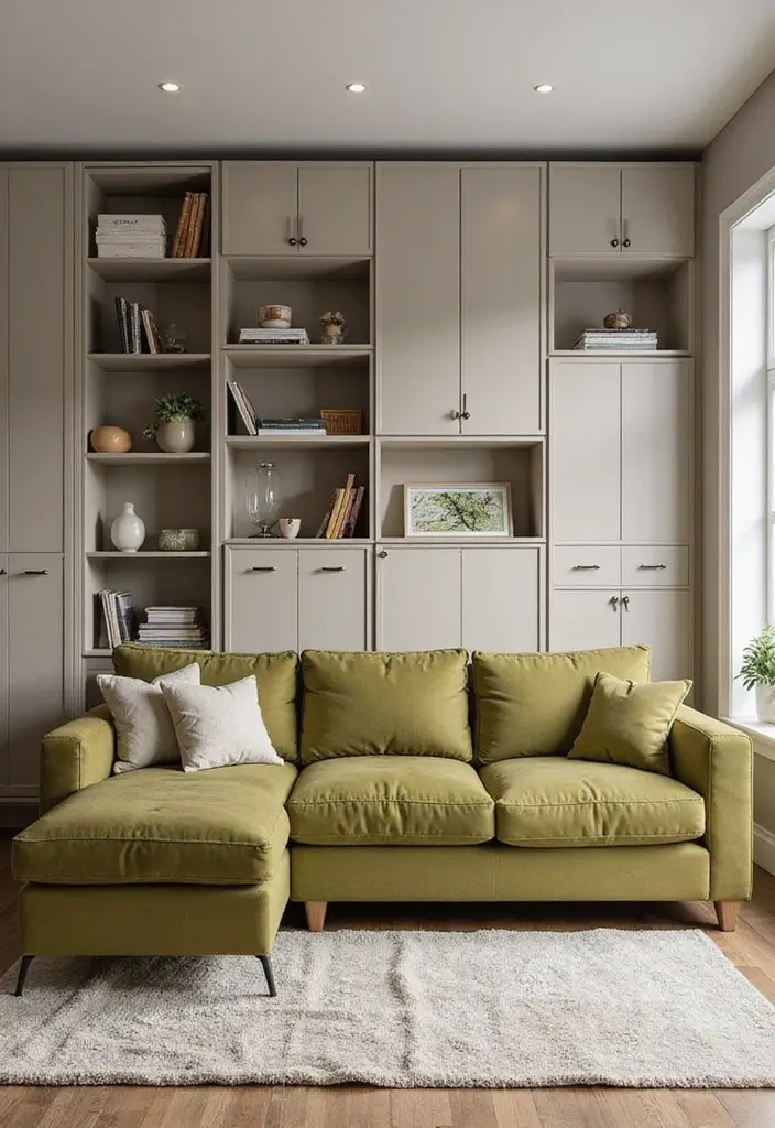 28 Olive Green Couch Living Room Ideas That Feel Natural and Modern - 20. Efficient Storage Solutions