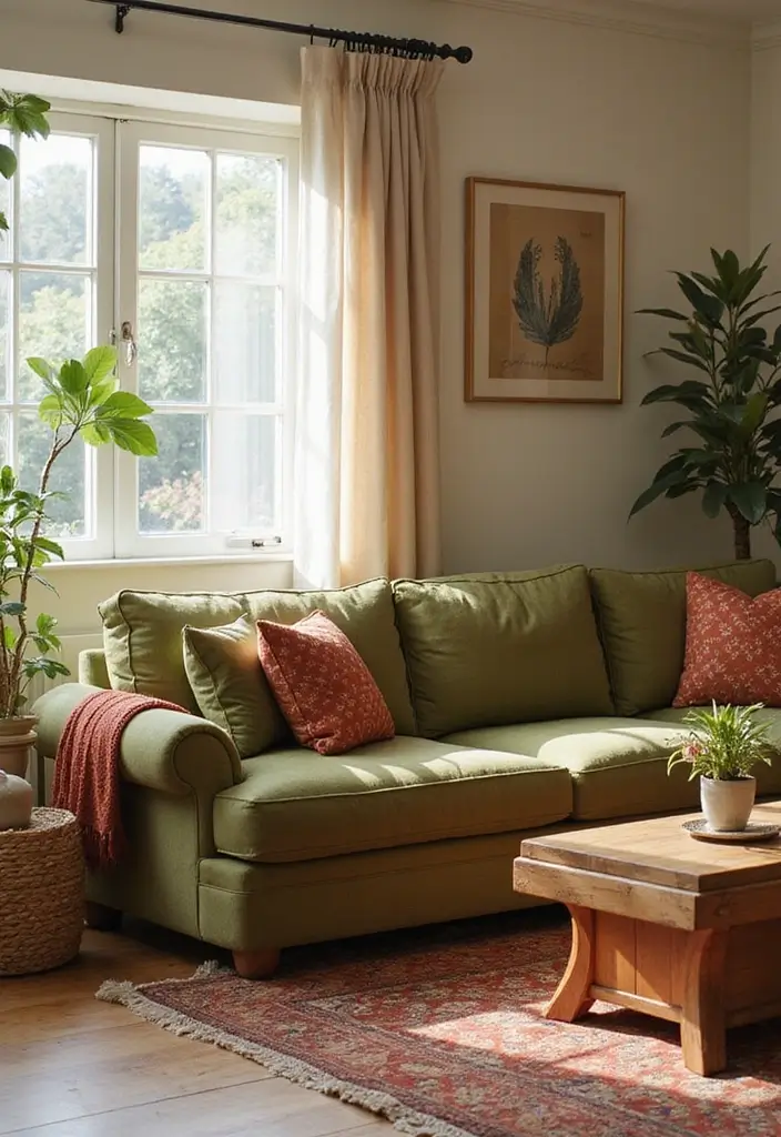 28 Olive Green Couch Living Room Ideas That Feel Natural and Modern - 21. Incorporate Warm Woods