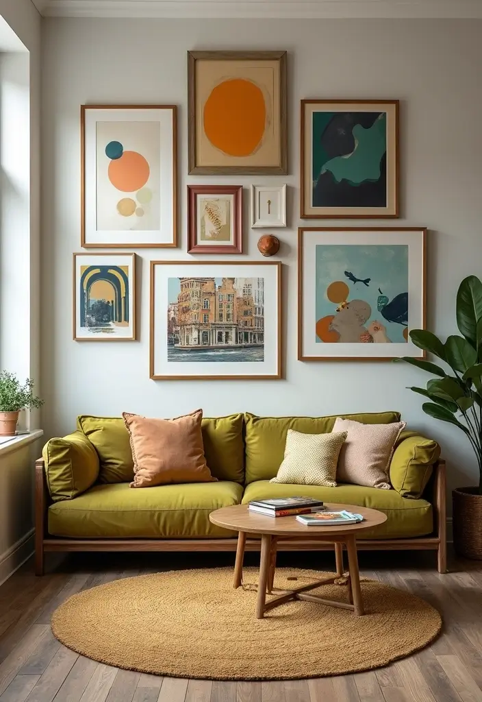 28 Olive Green Couch Living Room Ideas That Feel Natural and Modern - 22. Layered Artwork