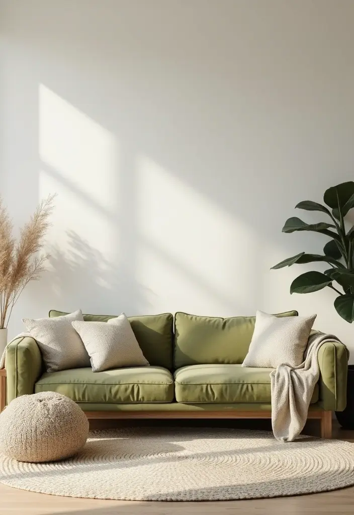 28 Olive Green Couch Living Room Ideas That Feel Natural and Modern - 24. Light and Airy Aesthetics