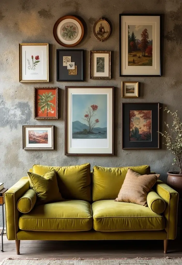 28 Olive Green Couch Living Room Ideas That Feel Natural and Modern - 26. Create a Textured Gallery Wall