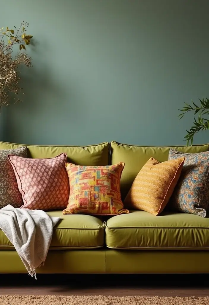 28 Olive Green Couch Living Room Ideas That Feel Natural and Modern - 27. Transform with Pillows
