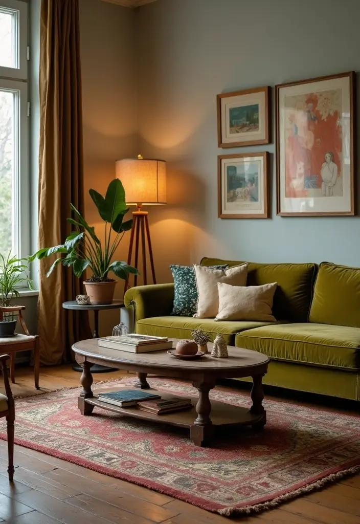 28 Olive Green Couch Living Room Ideas That Feel Natural and Modern - 3. Incorporate Vintage Finds