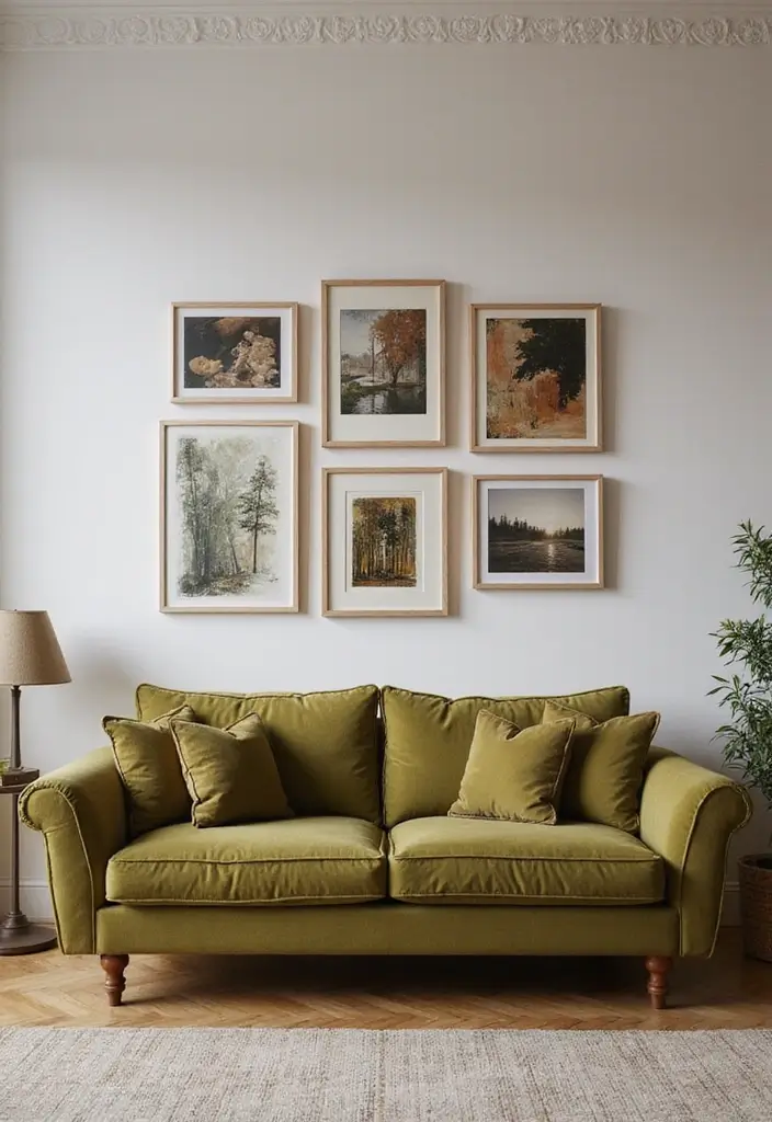 28 Olive Green Couch Living Room Ideas That Feel Natural and Modern - 5. Statement Wall Art